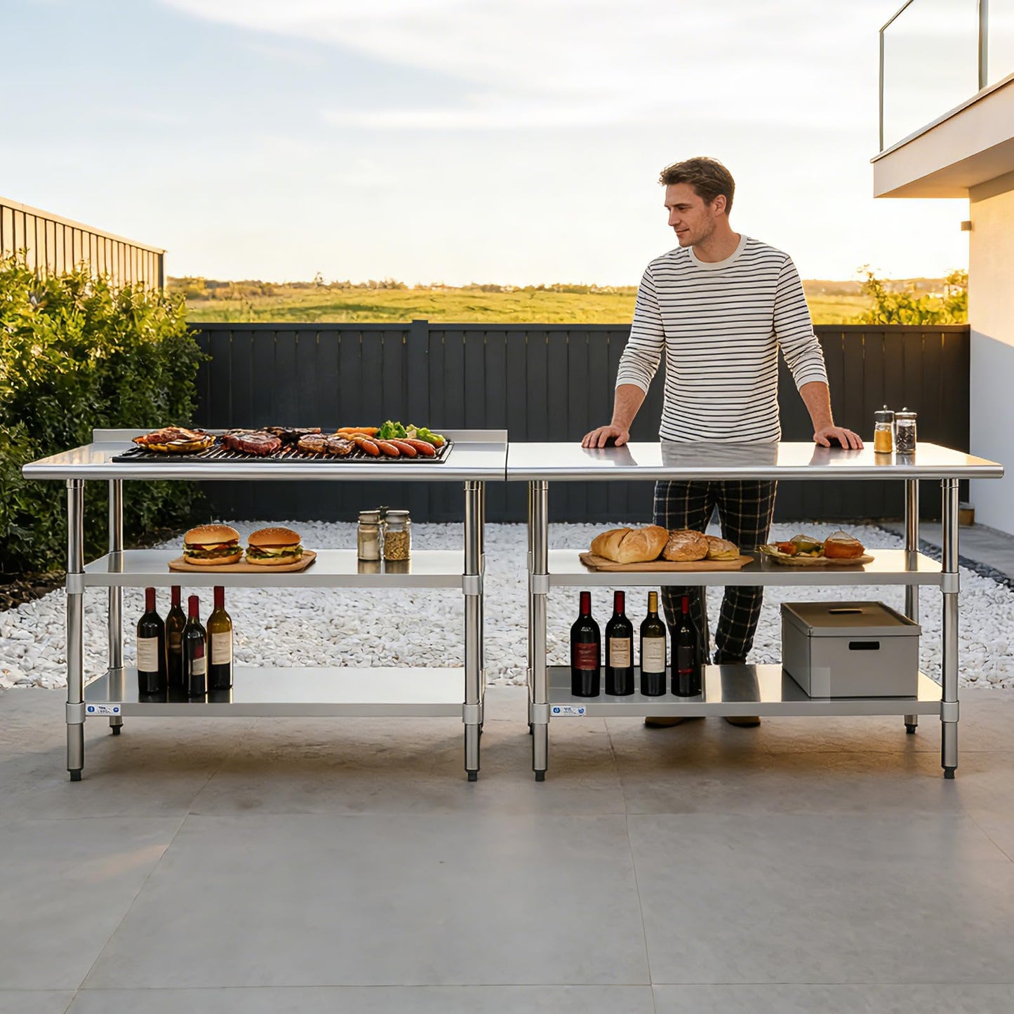 Hally 24 x 36 Inch Stainless Steel Prep Table with Backsplash, NSF Certified, 2 Adjustable Undershelves and Removable Hook for Kitchen, Restaurant, Garage
