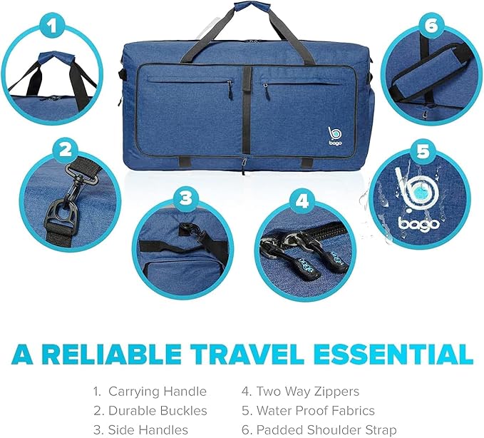 Bago Large Foldable Duffel Bags for Traveling Women & Men - 100L Packable Duffle Bag for Travel with Shoe Compartment - Water Repellant, Heavy Duty, Lightweight Folding & Collapsible (SnowDepBlue)