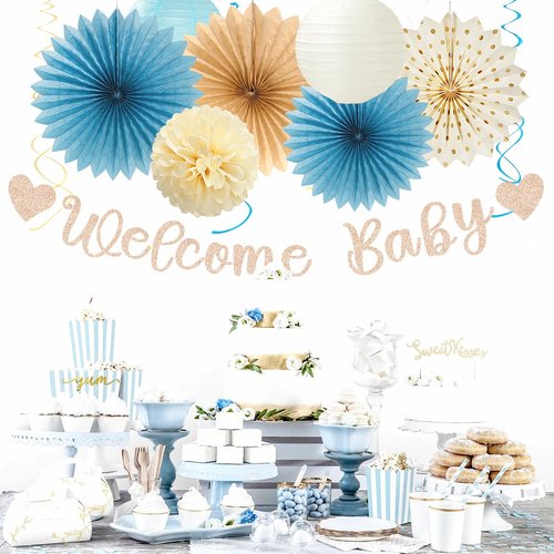Light-Dusty Blue Boho Baby Shower Party-Decorations - 21pcs Beige Champagne Boy Neutral Welcome Baby Banner Decor,Paper Lanterns Pom Poms Fan Supplies,Streamers Garland Wall Backdrop Favors Huglony