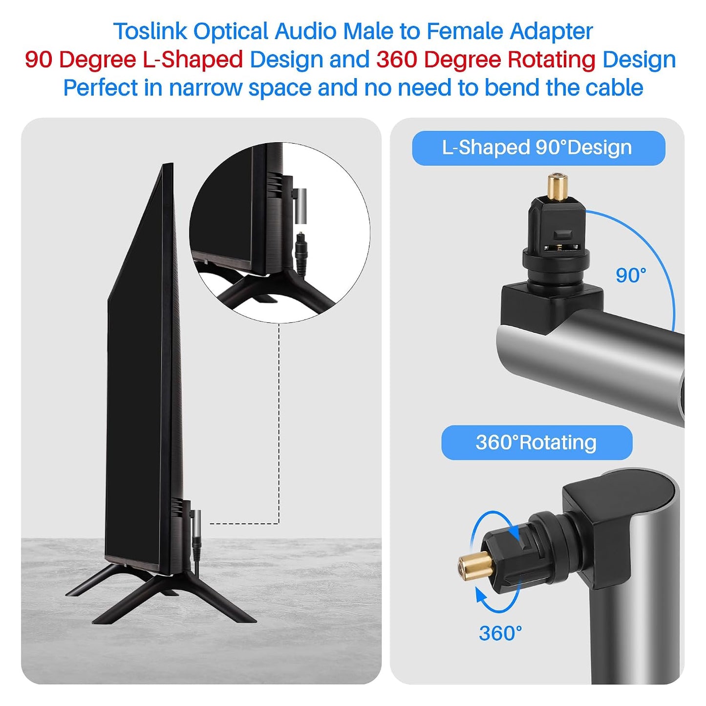 Togconn 90 2 Pack, Degree Optical Fiber Digital Extension Adapter Right Angle Toslink Optic Audio Male to Female S/PDIF