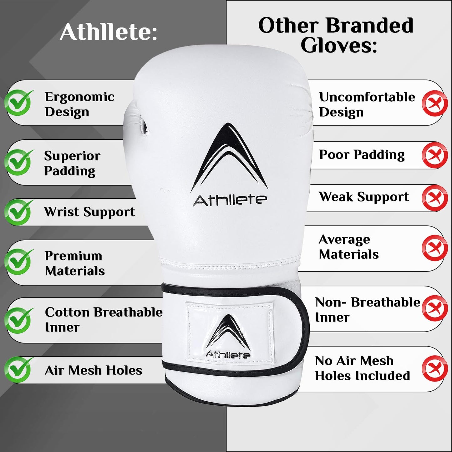 Athllete Boxing Gloves Men & Women, Training & Sparring, 14 oz, Black/White