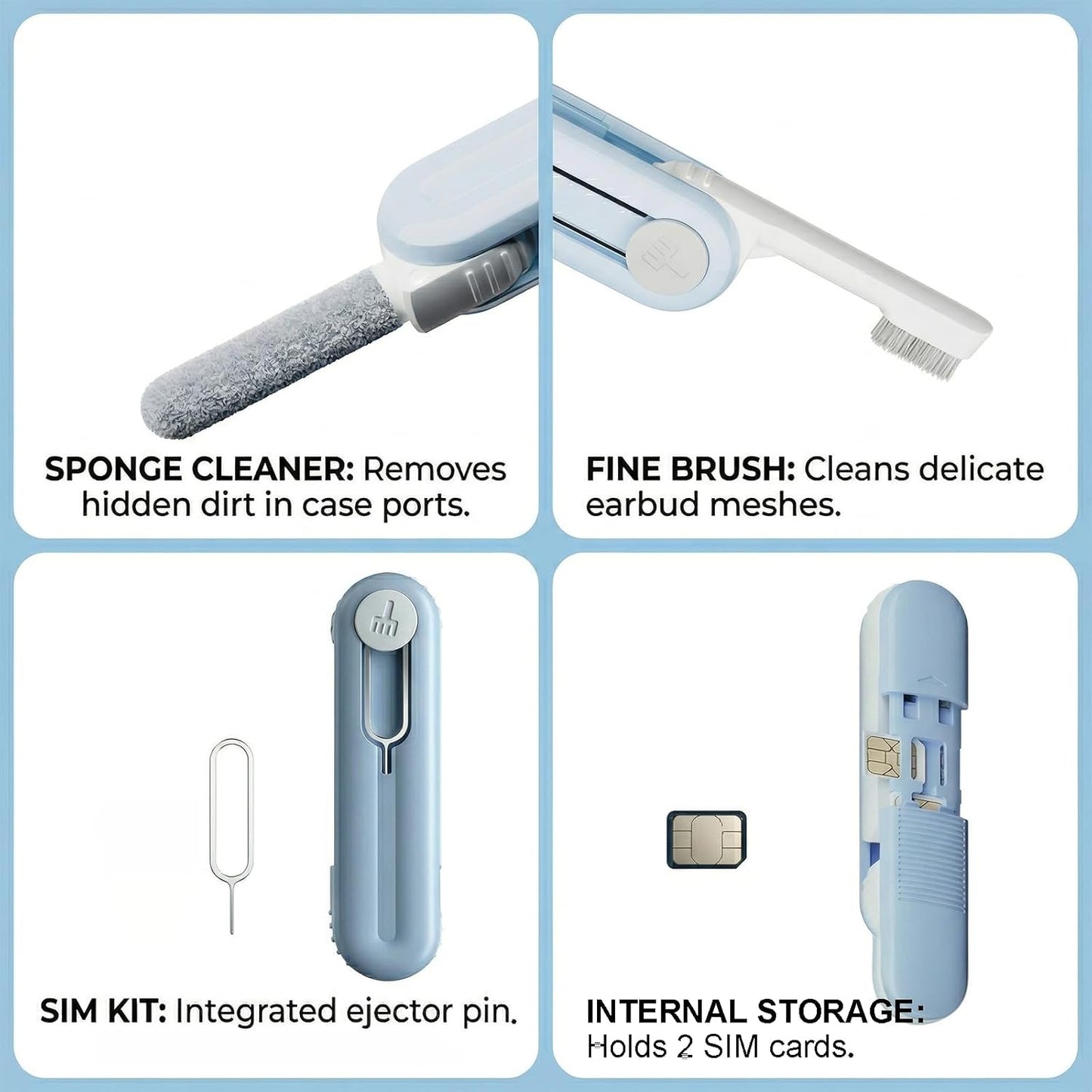 3-in-1 2.8in Electronic Cleaning Kit for Earbuds Phone, Cleaner Tool with High-Density Brush SIM Ejection Pin, Portable
