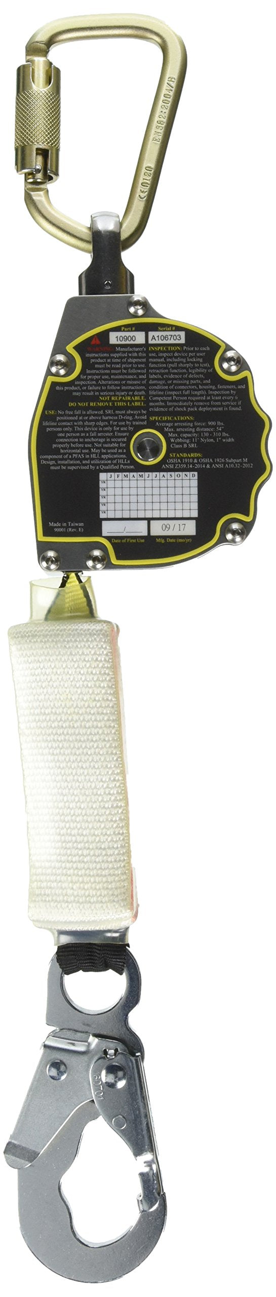 Guardian 10900 Halo Web SRL – 11 ft. Nylon Webbing with Carbineer, Swivel Top, Steel Snap Hook & 11200 IS-72 6-Foot Internal Shock Lanyard with snap Hooks