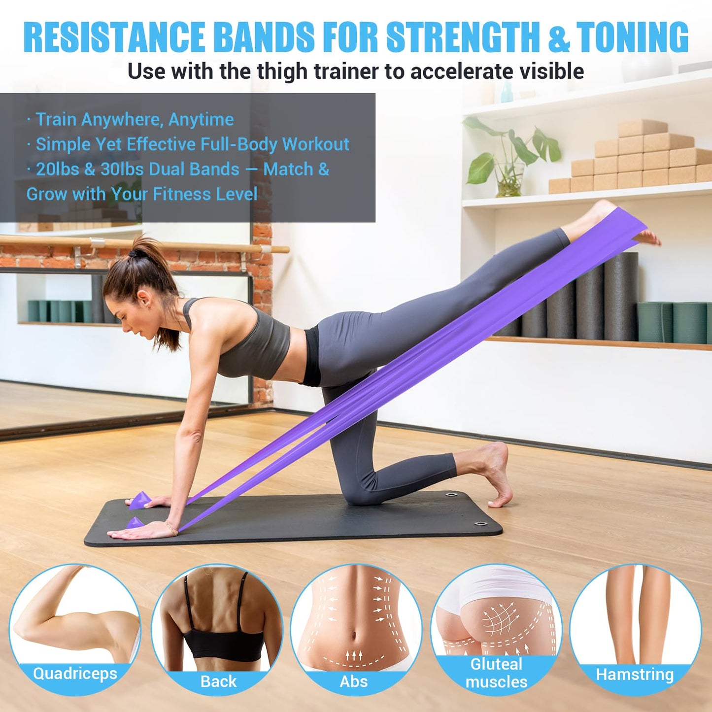 Inner Thigh Exerciser for Women, 15-80 LB Adjustable Resistance Thigh Trainer with Resistance Band(2PC), Thigh Workout Kegel Equipment for Pelvic Floor Muscle, Shaping, Yoga & Home Fitness