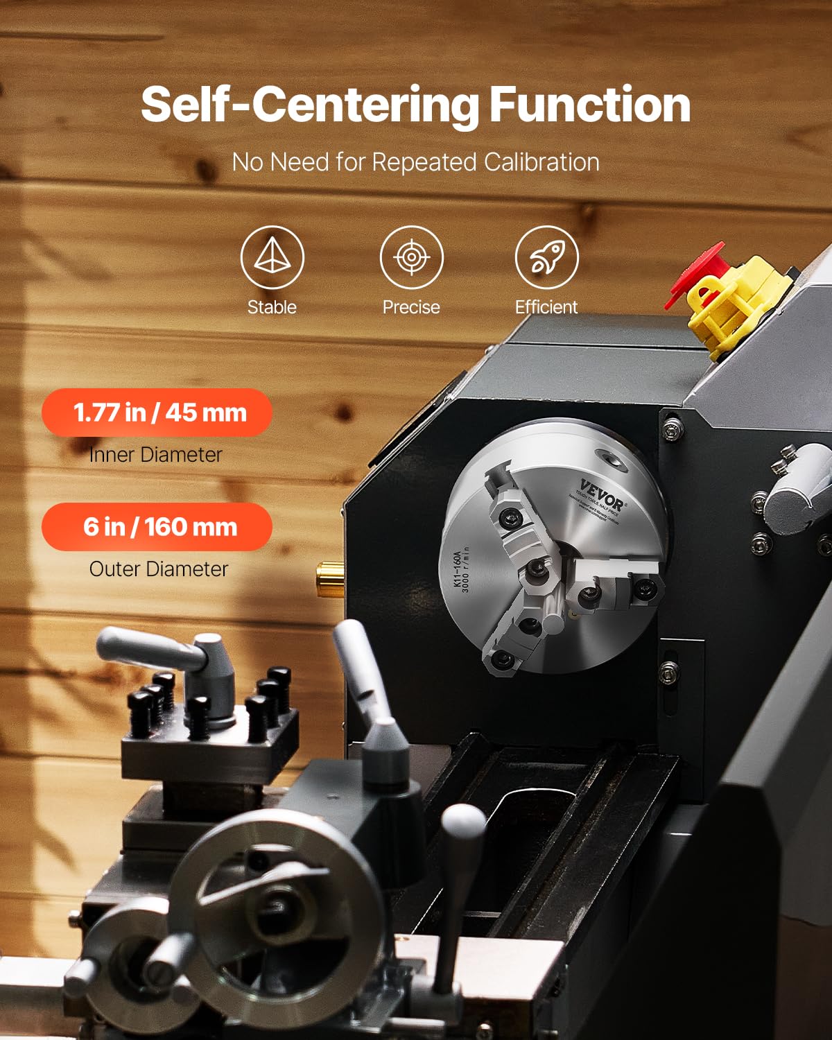 VEVOR 3-Jaw Lathe Chuck, 6 Inch (160 mm), Self-Centering Chuck with 1 1/2 in-8 Threaded Backing Plate, 0.12-5.71 in (3-145 mm) Clamping Range with T-wrench Screws, HT300 Material, for Wood Metal Lathe