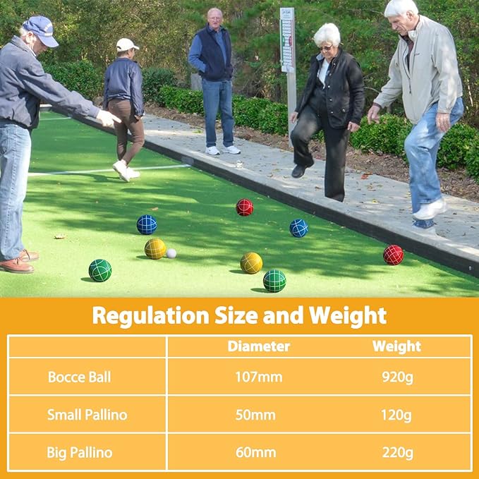 Professional Grade 107mm Bocce Ball Game Set Regulation Size and Weight 920g for Official Tournaments (Classic Multi-Color)