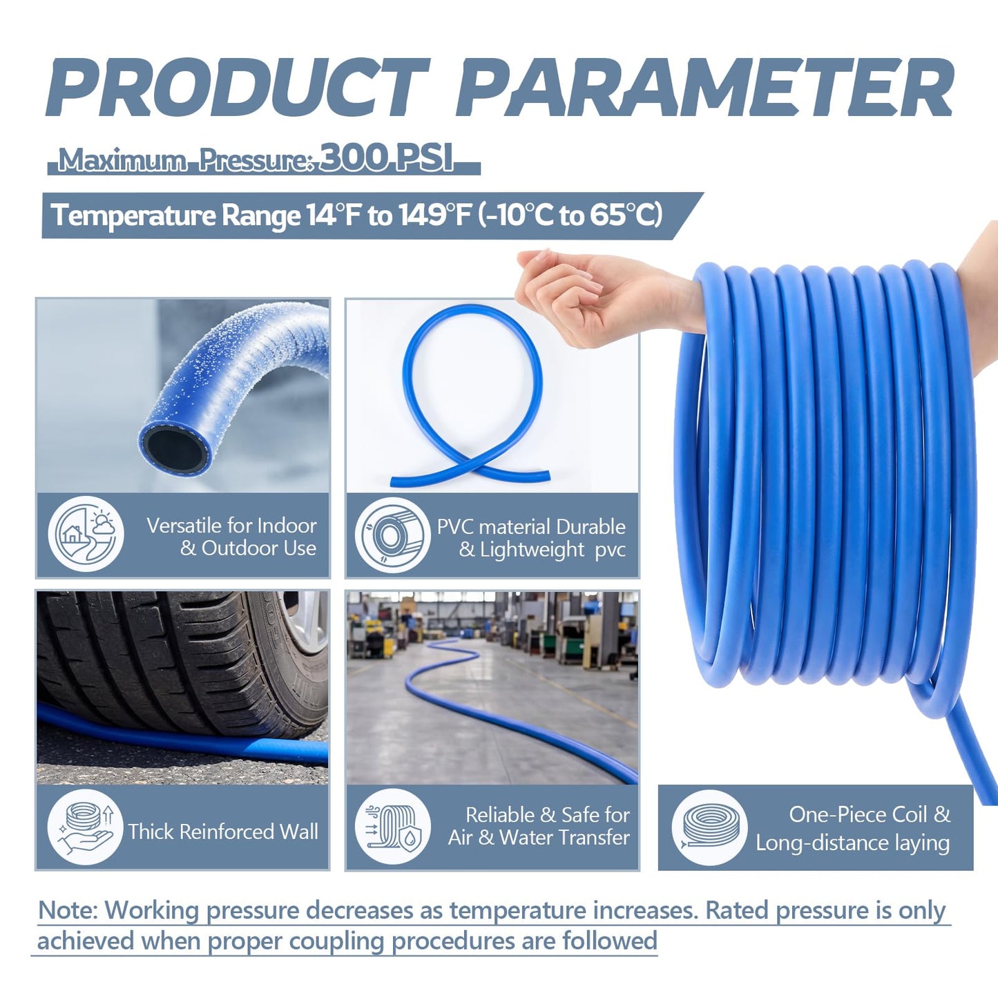 Klyyo Clyro 1/2 Inch PVC Air and Water Hose, ID 300 Psi Blue Hose for Air Compressors, Pneumatic Tools, Garden Watering, Industrial and Home Use(300ft)