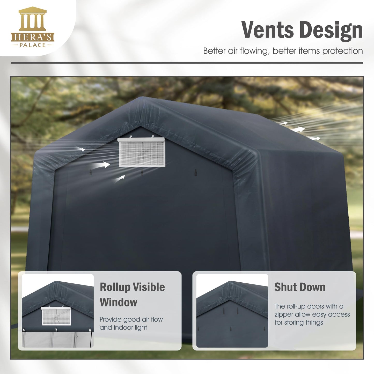 HERA'S PALACE 10x15ft Heavy Duty Carport Storage Shed Outdoor Anti-Snow Portable Canopy Shelter with 2 Doors Garage Tent for Motorcycle Garden Tools