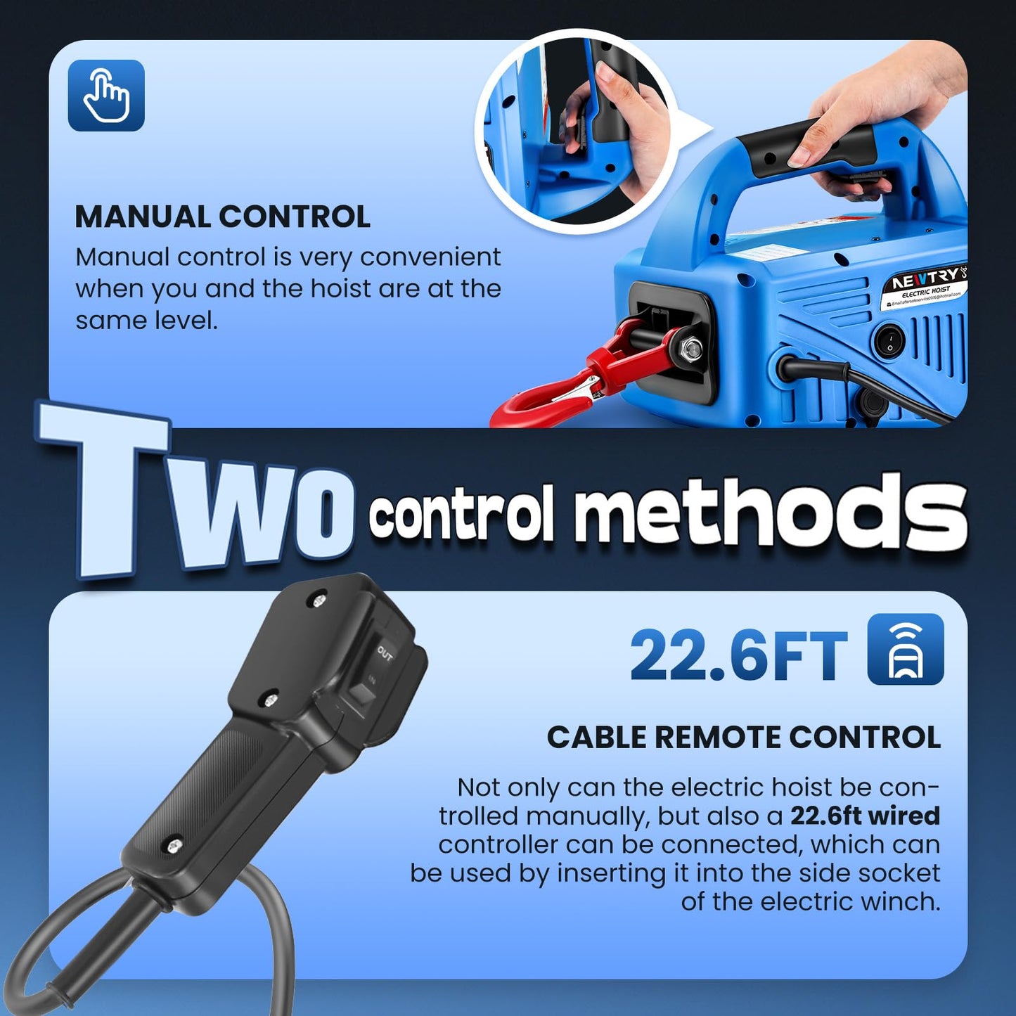 NEWTRY 1,100lb Electric Hoist with Wire Remote Control 16ft/min, 110/120 Volt 25ft Portable Electric Winch w/Straps