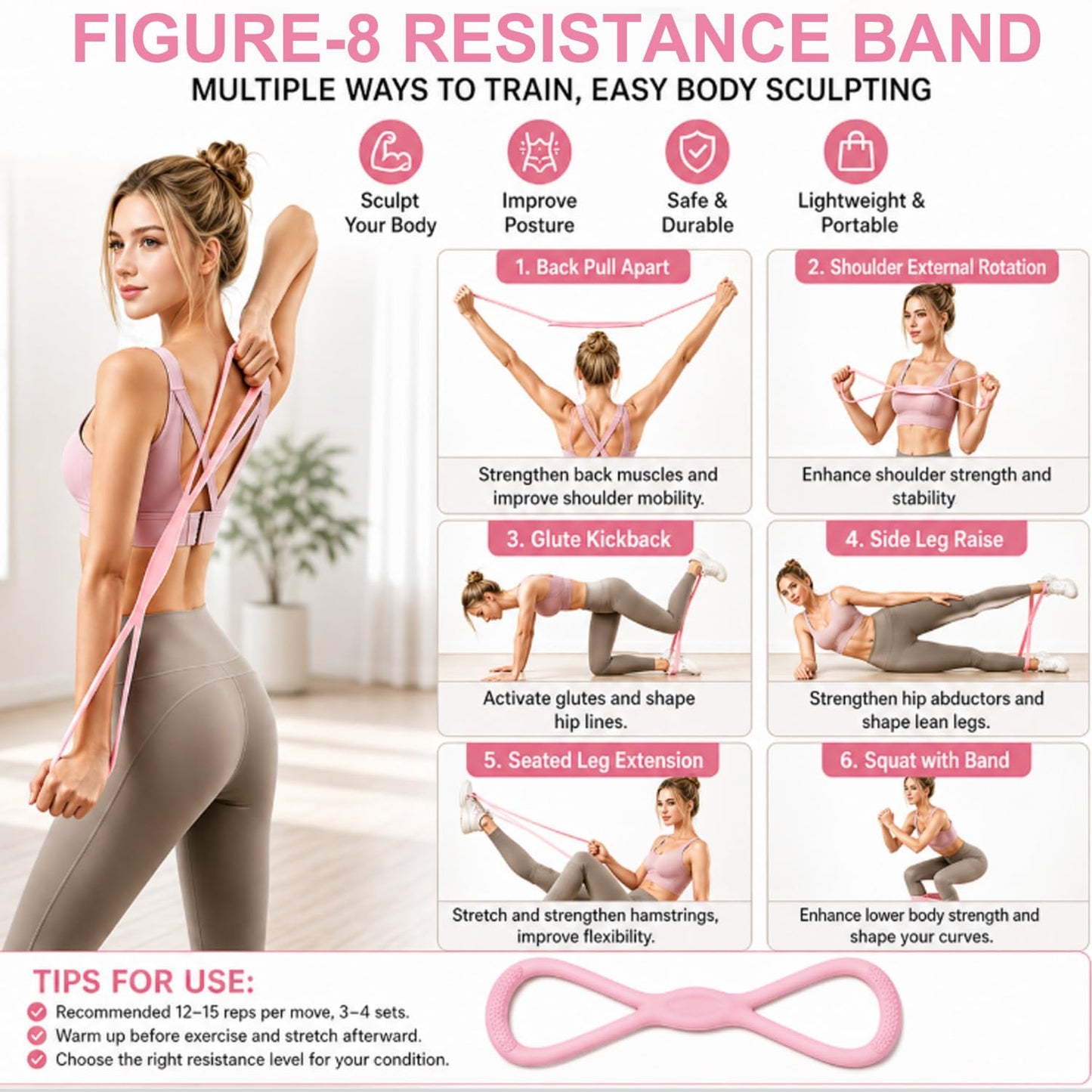 2PCS Figure 8 Resistance Band, Figure 8 Resistance Bands for Women & Men, Non-Slip Handles Rubber Band for Arms, Back, Shoulder Stretch with Handles (Pink+Blue)