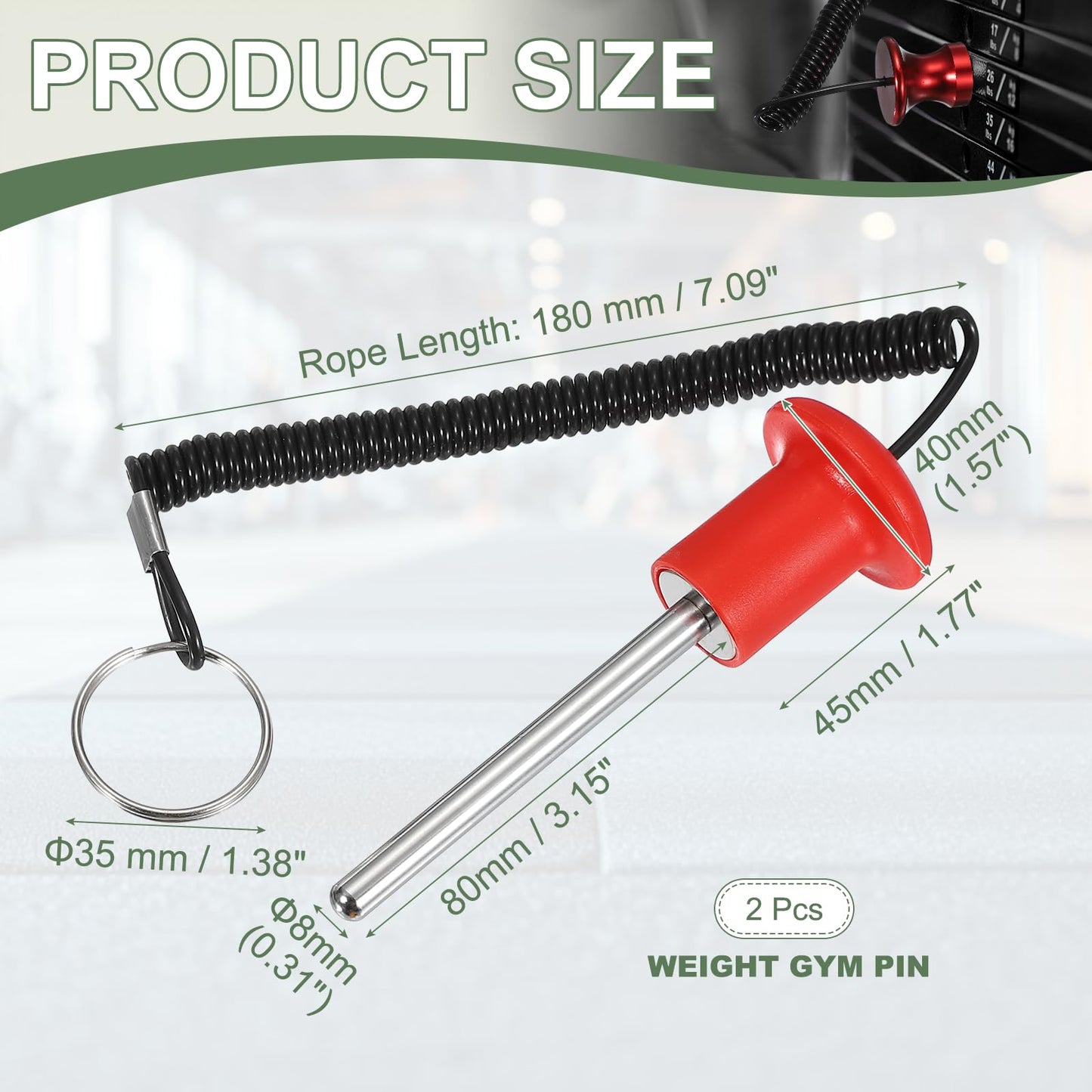 YELARXI Gym Pin, Weight Stack Pin Strength Training Lifting Equipment Replacement with Pull Rope 0.3 x 3.1 Inch & 2 Pcs & Red -Fitting for (Home/Gym/Club/Machine Insert Accessories)