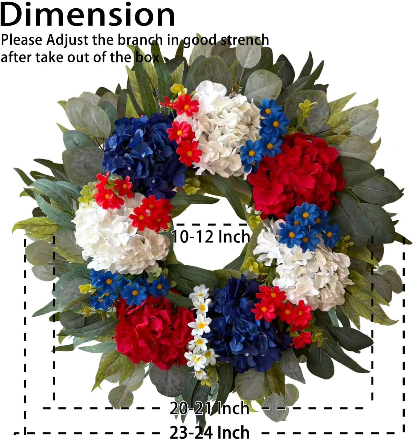 WANNA-CUL Patriotic 24-Inch Hydrangea Wreath - Red, White & Blue 4th of July Decor for Indoors & Outdoors