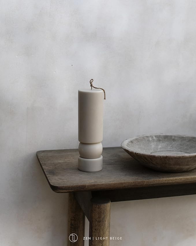 LAWA Zen Candle - Beautiful Handmade Pillar Scented Soy Wax Elegant Aesthetic Candle Housewarming Gift Home Room Shelf Decor Idea (Light Beige)