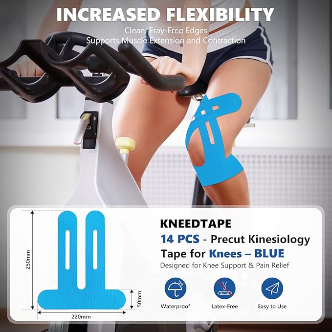 Precut Kinesiology Tape for Knees ??14 PCS Knee Tape for Pain Relief & Support, Elastic Waterproof Sports Tape, Breathable & Latex-Free, Pre Cut Athletic Tape for Workout & Injury Recovery, Blue