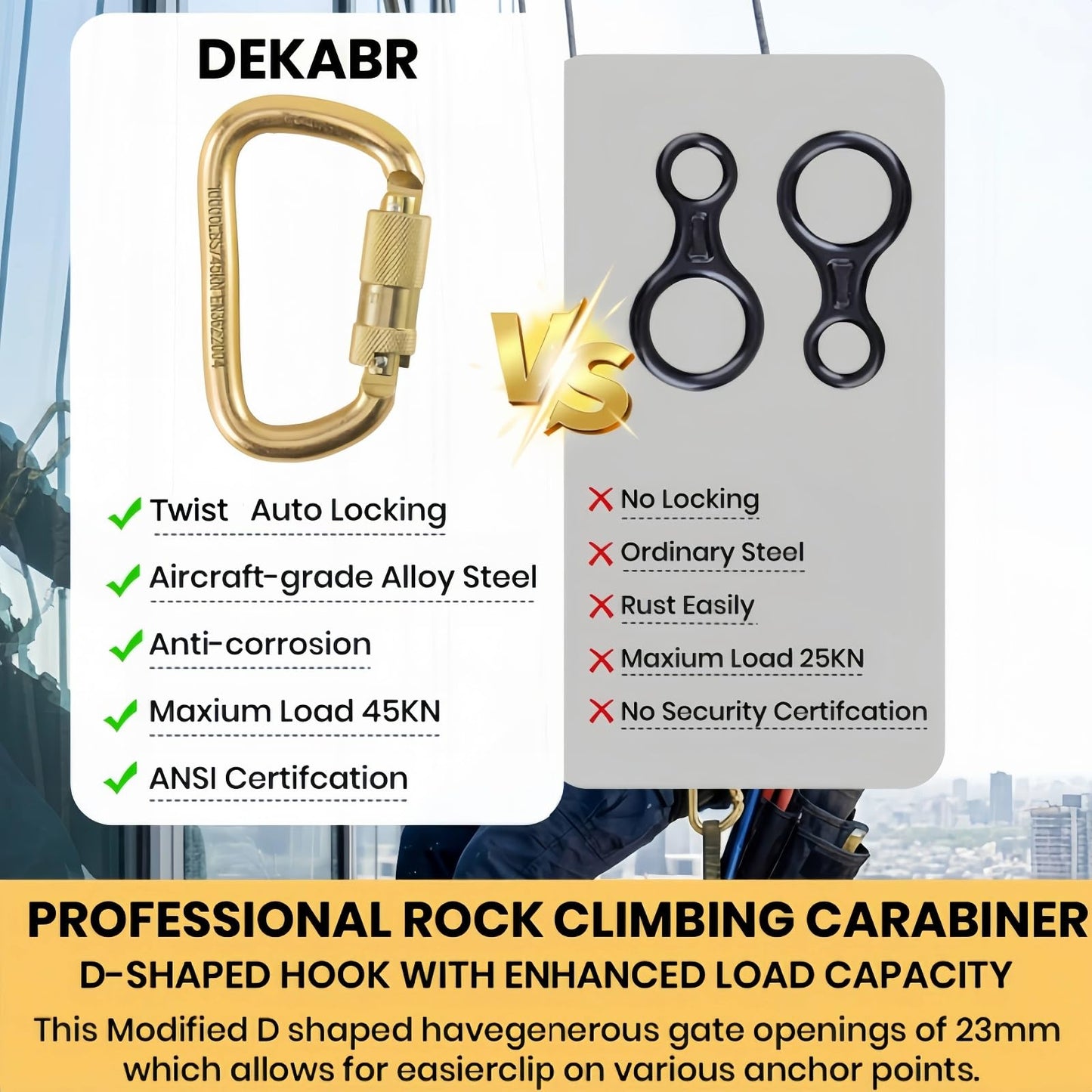 DEKABR Heavy Duty Alloy Steel Auto-Locking Climbing Carabiner - 45KN Twist Lock Carabiner for Rock and Tree Climbing, Quick Release, Rescue, and Mountaineering. ANAB Certified, Large, Gold (5 Pack)