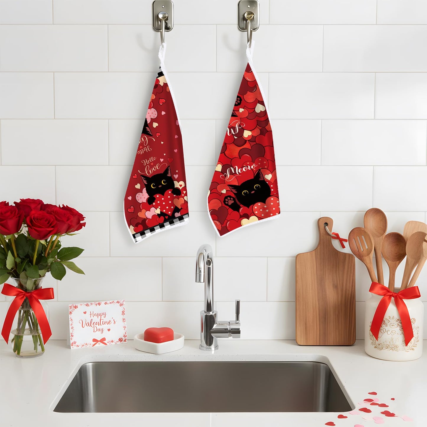 VISSTREE Valentines Day Kitchen Towels, 4 PCS Black Cat Red Heart Dish Towels, Absorbent Hello Love Dish Cloth Hand Towel for Kitchen Anniversary Wedding Valentines Decoration Housewarming Gifts