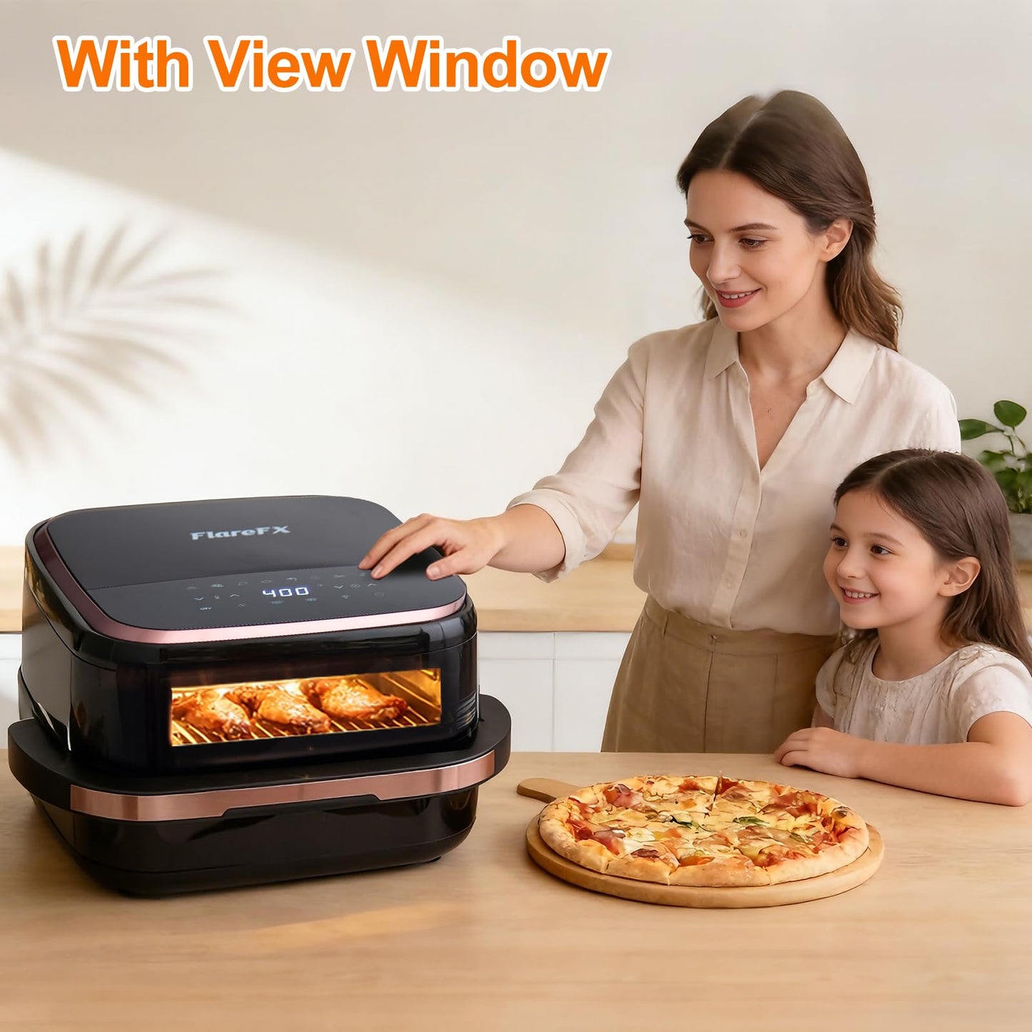 FLAREFX 4.5QT Air Fryer Pizza Oven with 11 Presets, Air Fryers with Dual Heating & 360° Airflow | Viewing Window | Touch Display, Nonstick Airfryer for Roast, Bake, Dehydrate, Microwave, Reheat & More