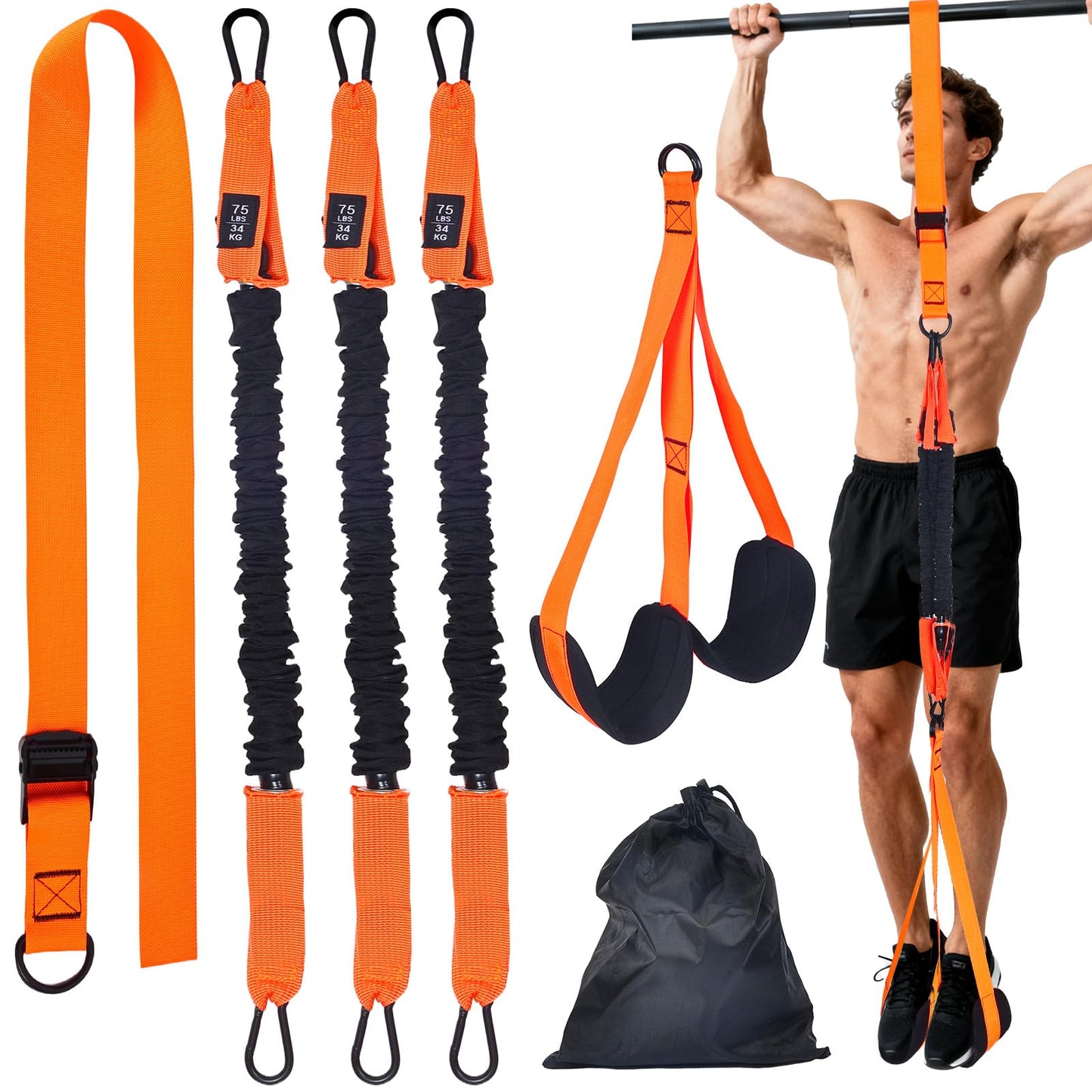 QIVDSEC Pull-Up Assistance Bands Set – Heavy Duty Adjustable Resistance Band with Feet/Knee Rest for Home Gym Strength Training