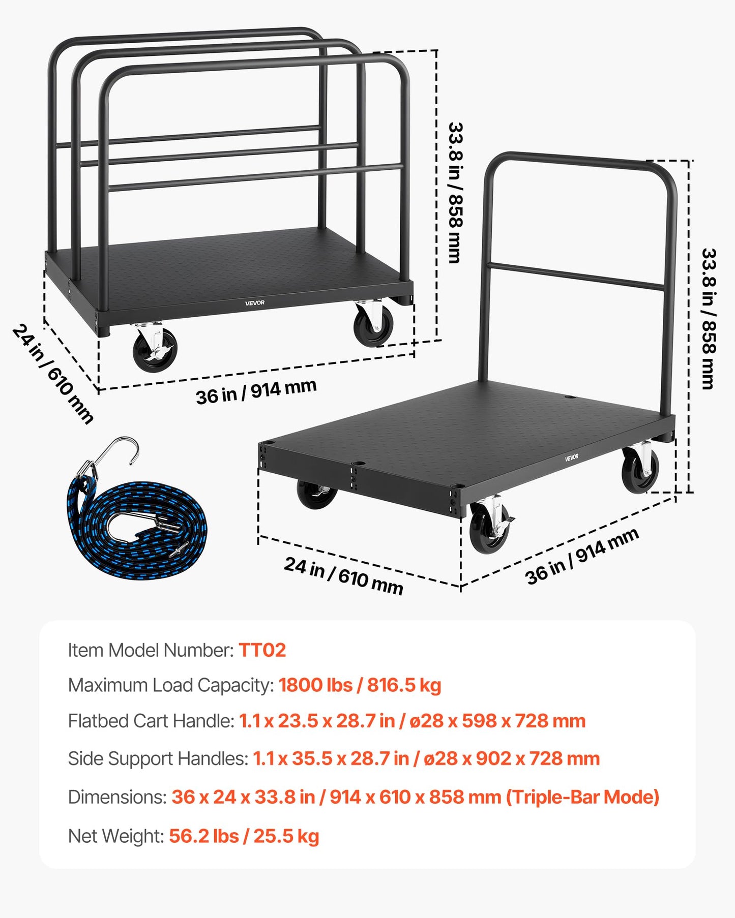 VEVOR Drywall Cart Dolly, 1800 lbs Load Capacity, 2-in-1 Steel Panel Truck Cart with 5 inch Swivel Casters, 36 x 24 inch Platform Truck with 4 Side Handrails for Factory, Warehouse, Garage, Black