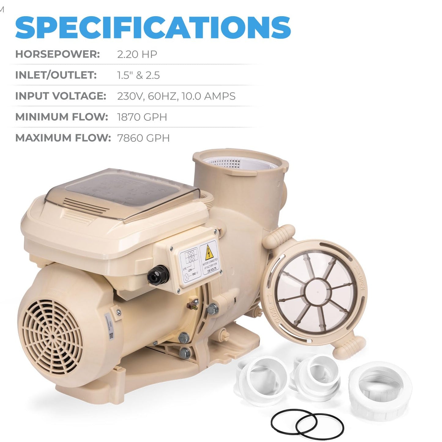 XtremepowerUS 2HP SuperFlow Variable Speed Swimming Pool Pump 230V, InGround 7,860 GPH 1.5" 2" Fitting Adapter, Self Priming Compatible EC-342001 Max 2.2HP
