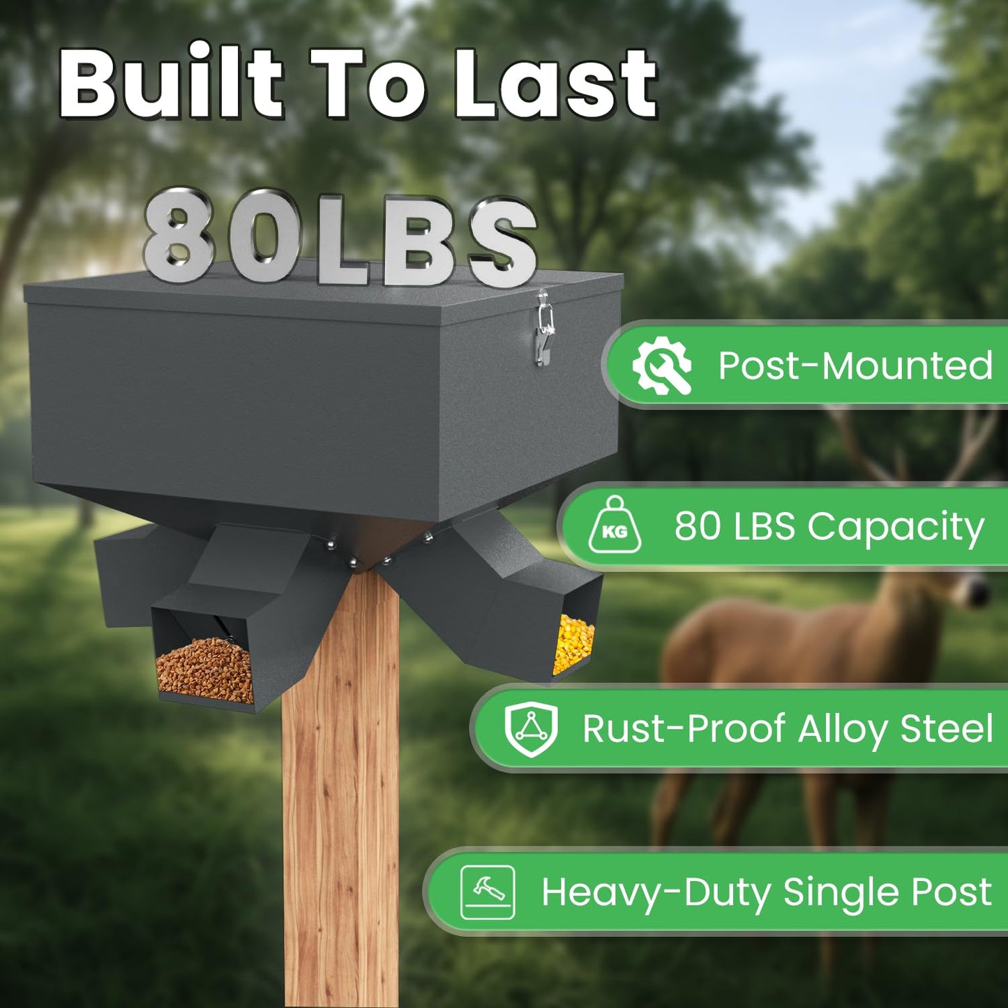 POOAMY Gravity Deer Feeder, Heavy Duty Deer Feeder Box, 80lb Large Capacity Automatic Feeder, Hunting Game Feeders, Protein 4 Feed Head