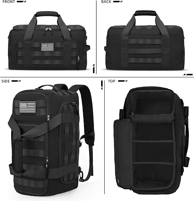 ZOMFELT Tactical Gym Bags for Men, 40L Travel Duffle Bag with Removable Dividers & Innovative Shoe Compartment, 3-in-1 Waterproof MOLLE Gym Duffel Backpack, Airplane Carry-On Approved, Black
