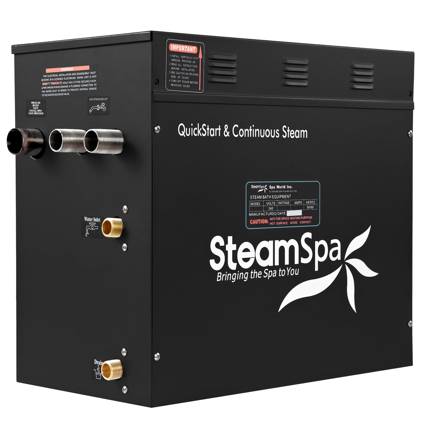 SteamSpa Generator with Quick Start Continuous Steam Technology, Wi-Fi, Bluetooth and Autodrain | 10.5kW Steam Generator with Black Steam Head with Aromatherapy Reservoir | RVB1050BK-A