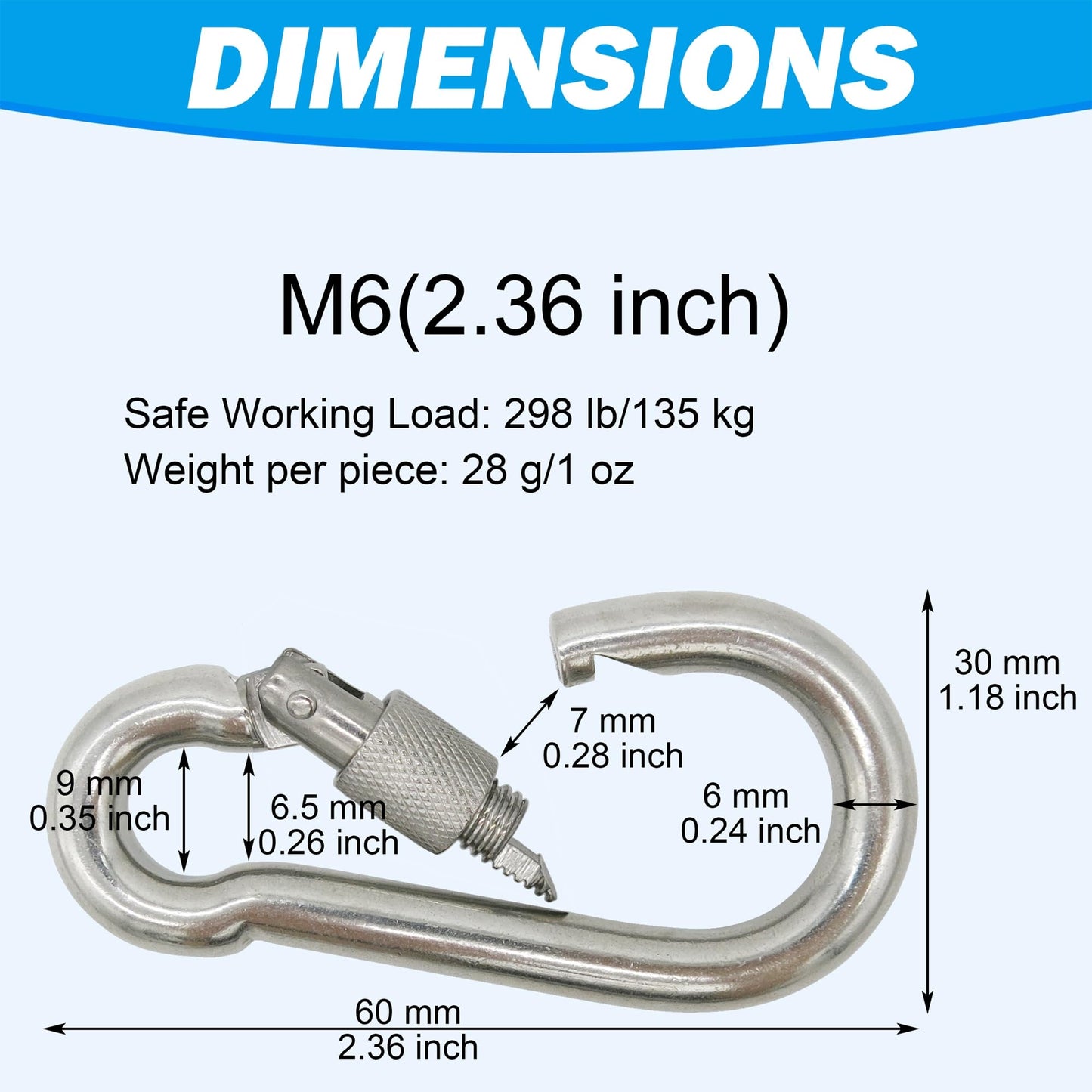 Outmate 304 Stainless Steel Carabiners -2.36 inch Heavy Duty, Durable & Rust-Free Clips for Gym, Swing, Dog Leashes, Hammocks, Keychains, and More(304,M6 with Screw,Pack of 6)