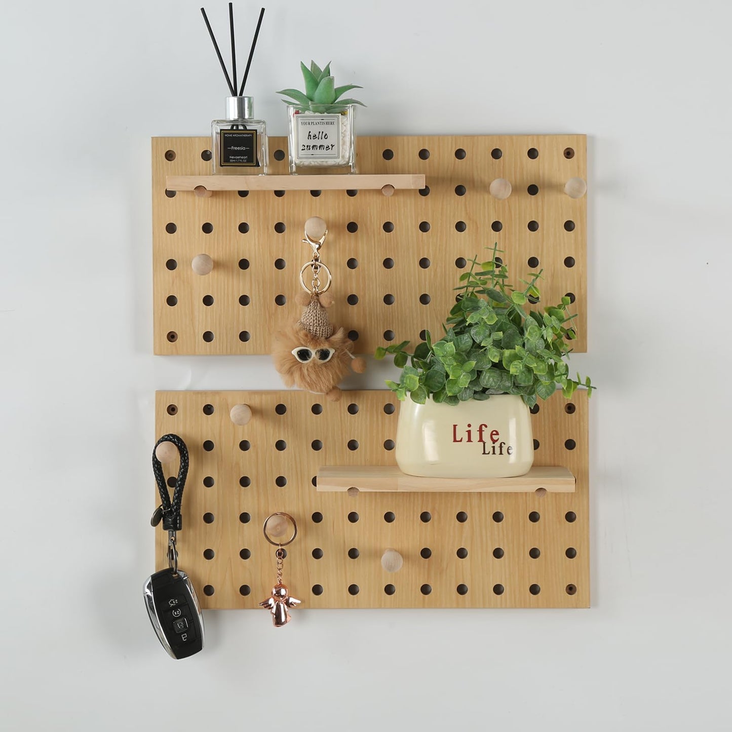 UMICAL 2 Pack Beige Wooden Pegboard, Modular Wall Organizer Storage Shelf with Hooks, Multi‑Use Display Peg Board for Home Office Bathroom Laundry Room