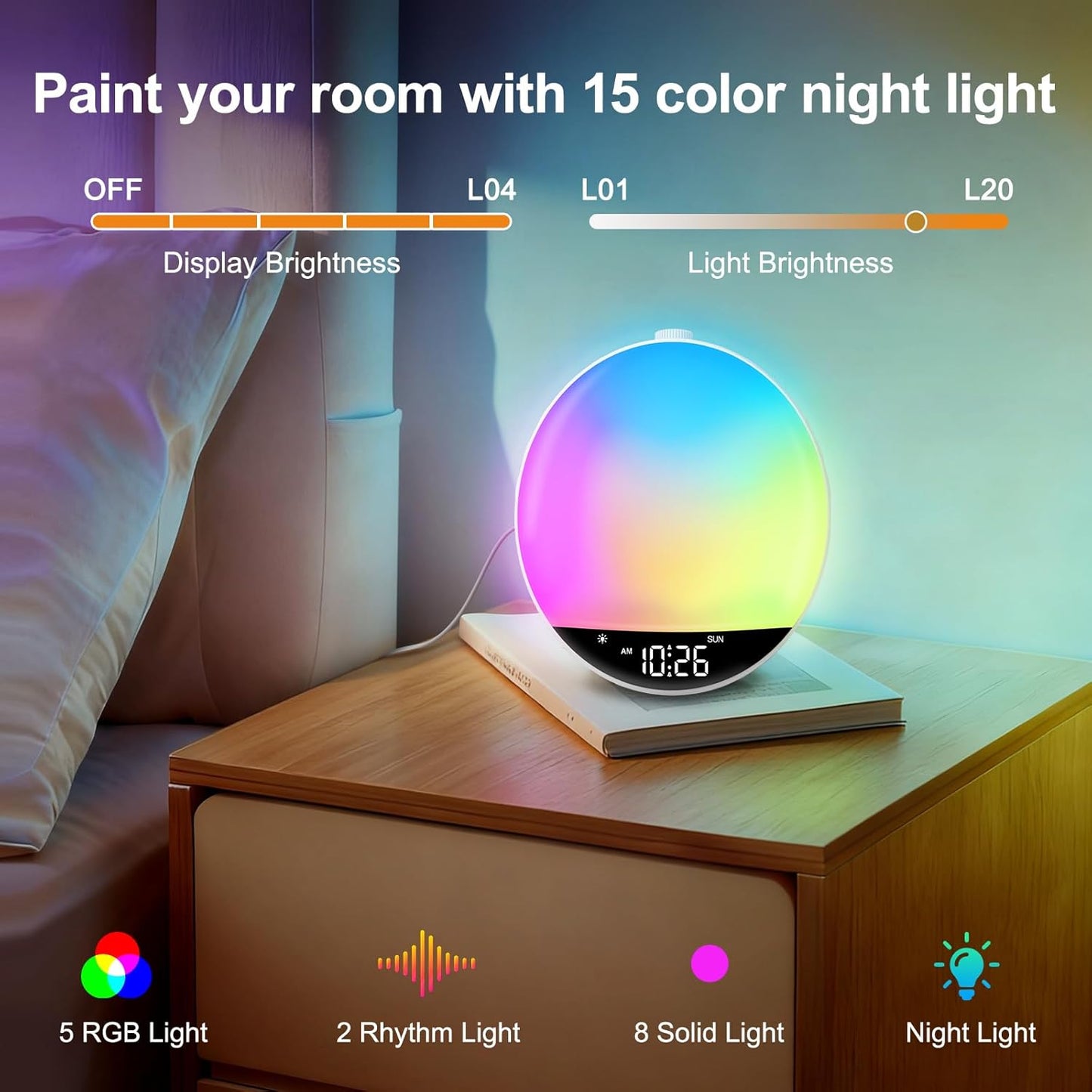 Dimmable DreamSky Sunrise Alarm Clock Radio for Bedroom - Wake up Light Alarm Clock for Kids Heavy Sleepers Adults