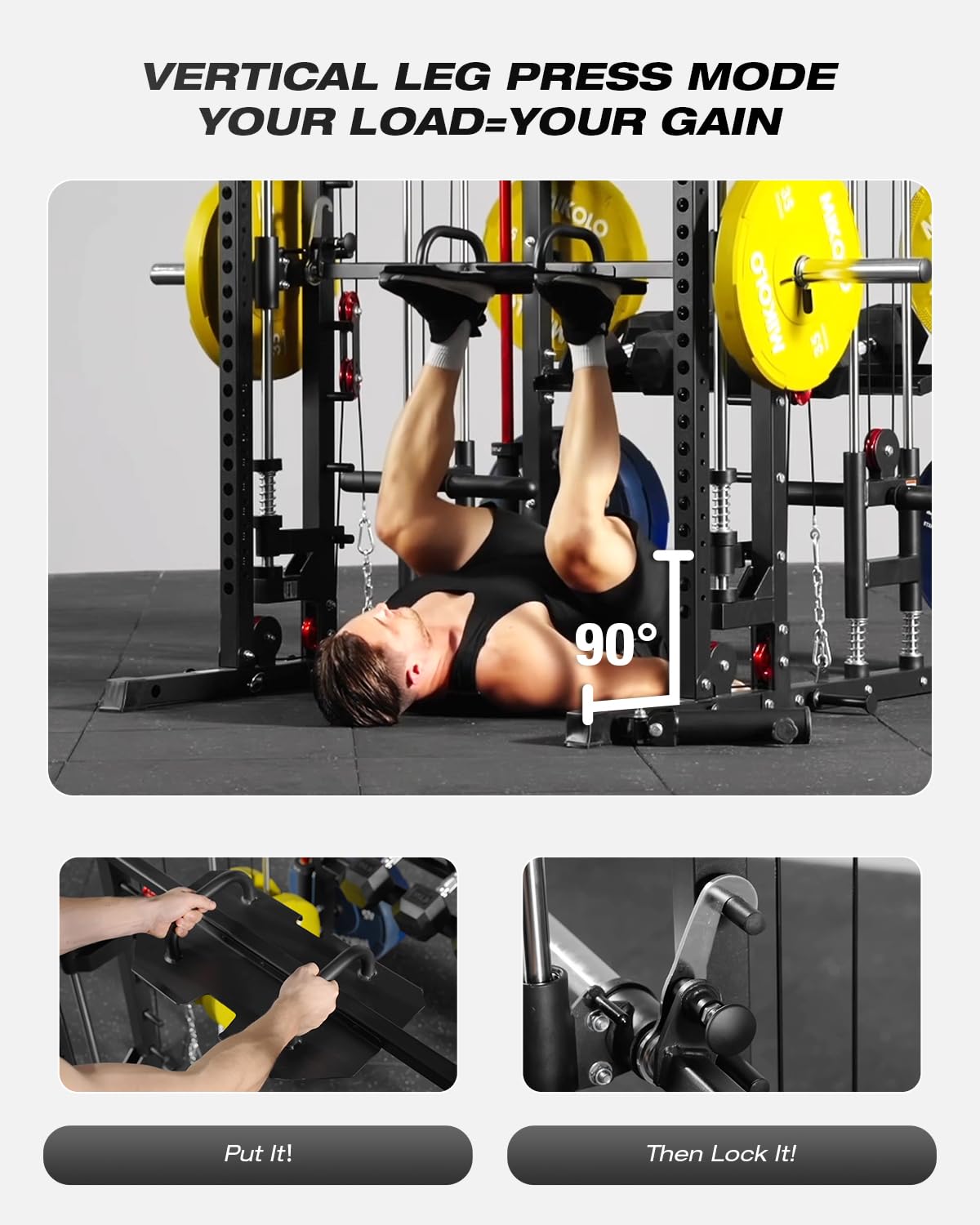 Mikolo Smith Machine, Multi-Function Power Cage with Dual Pulley System, Vertical Leg Press Attachment, Squat Rack Power Rack with More Training Attachment for Home Gym (M10 with Pivot Arm)