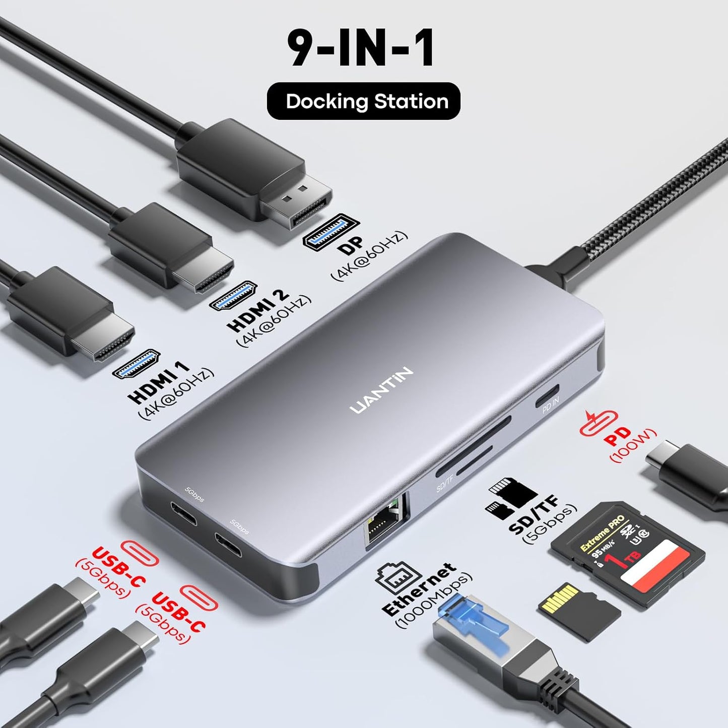 UANTIN 3 4K 60Hz 2 1Gbps 100W 2 USB C Docking Station Dual Monitor, Laptop Docking Station Monitors Triple Display