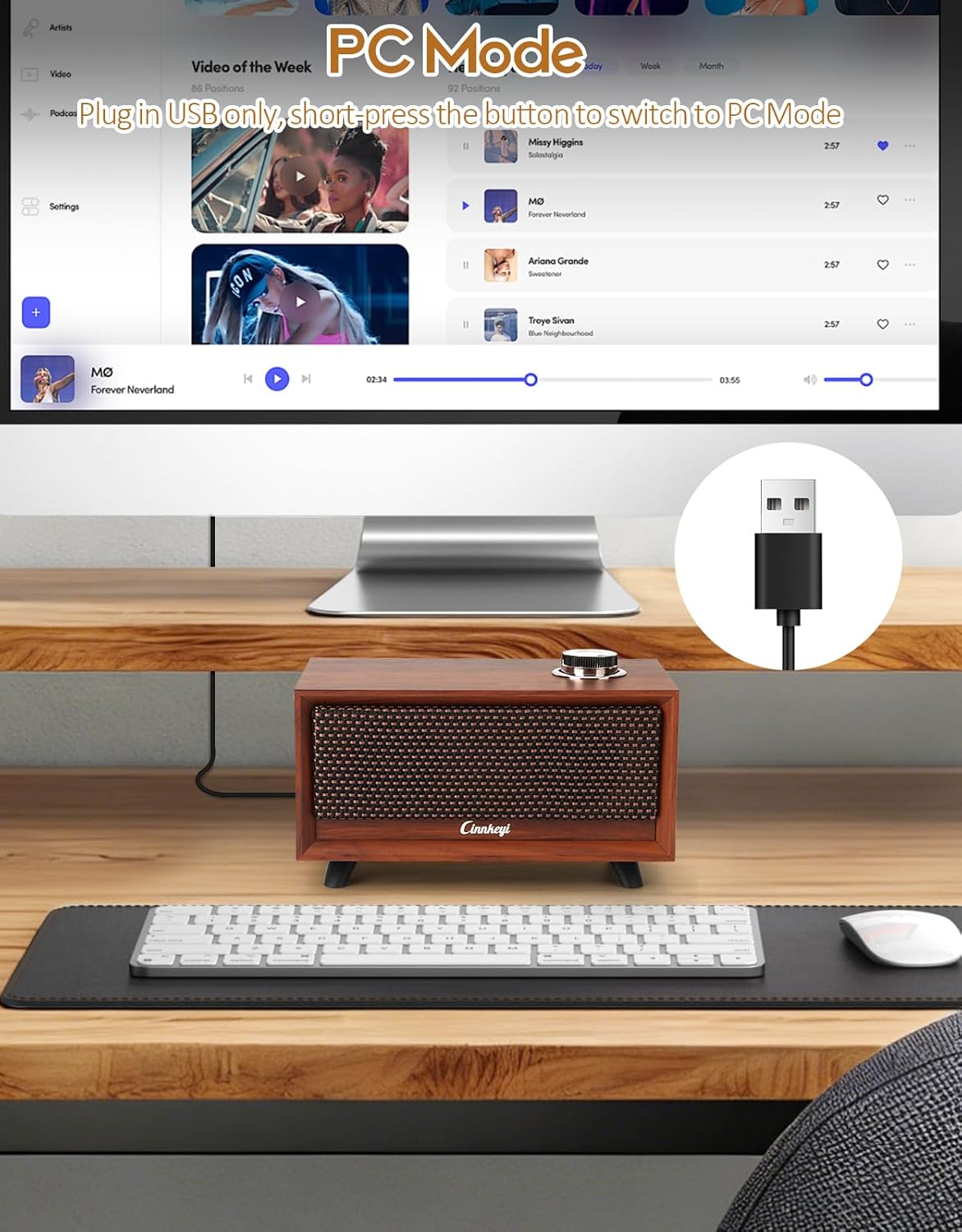 cinnkeyi 3 3.5mm/USB Wooden PC Soundbar Computer Speakers PC Speakers USB Powered | PC| Line-In | Bluetooth Modes