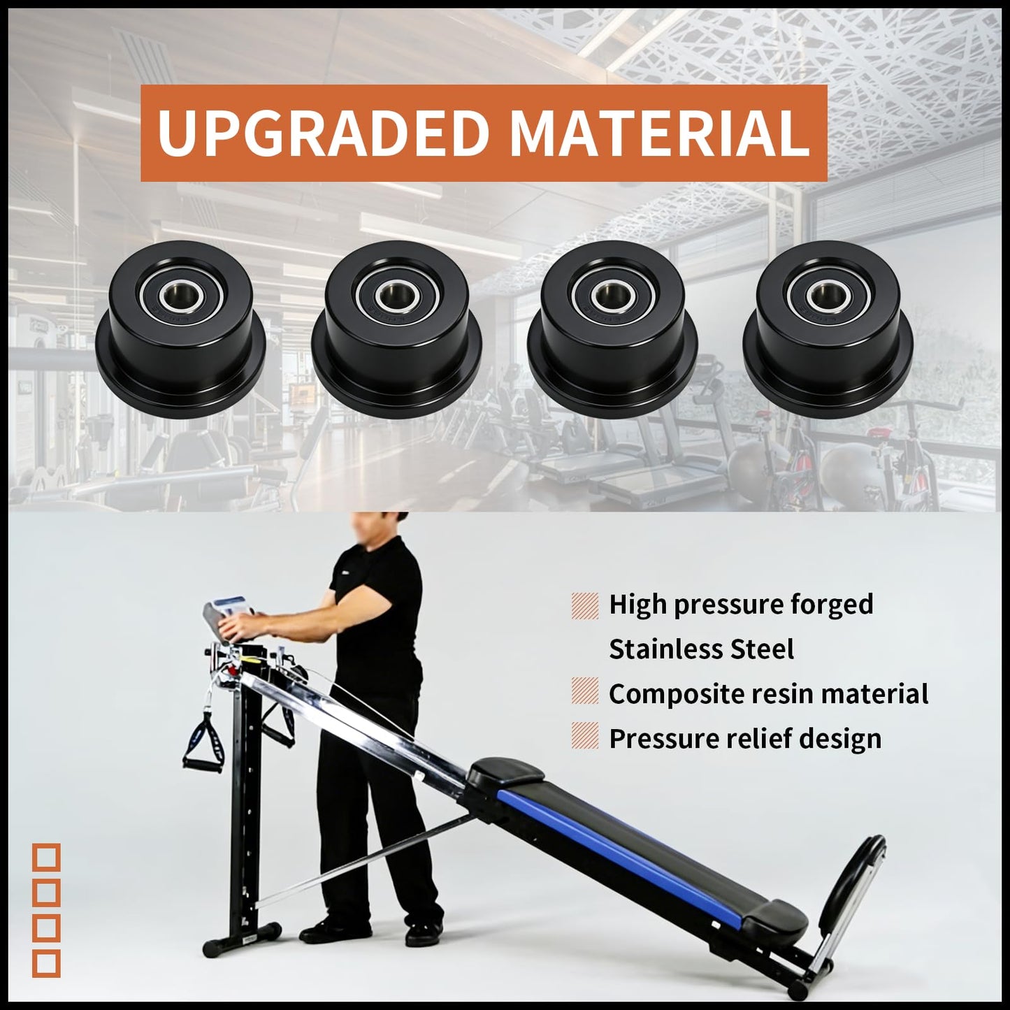 Qty.4 Machined Wheels/Rollers Compatible Total Gym Replacement, Fits Models 1000,1100,1400,1500,1600,1700,1800,1900,Achiever,Force,Gold,Max,Platinum,Platinum Plus,Pro,Supra,Supreme,Ultima,Ultra,XLI