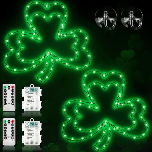 Kenburg 2 Pcs St. Patrick's Day Window Lights, 13" 8 Modes LED Double Shamrock Window Lights, Timed Battery Powered with Remote, Lighted Irish Green Clover Iron Silhouette for Window Home Decoration