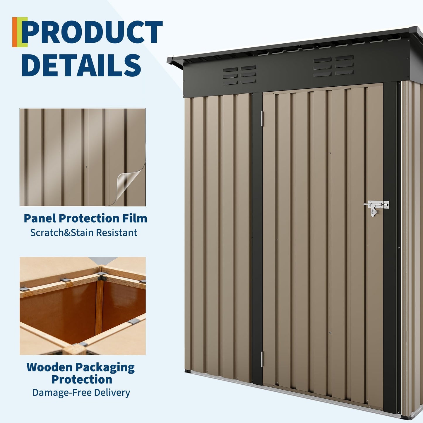 5x3FT Metal Storage Shed with Sloped Roof, Lockable Doors, Solar Light, Windows, and Vents, Outdoor Storage Sheds for Garden, Backyard, Patio Tools and Equipment
