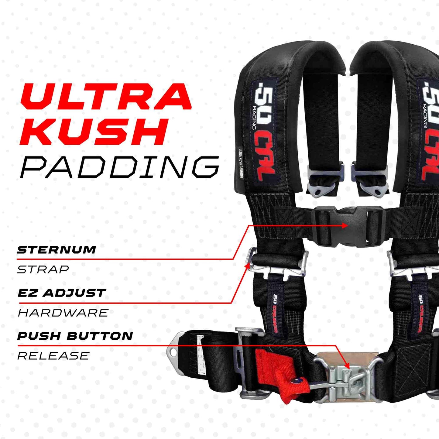 50 Caliber Racing 4 Point Harness - Ultra Kush Padding Safety Restraint System for UTV ATV SXS - Quick Release Latch - 9 Colors Available - Professional Grade [6008] 1pc Black