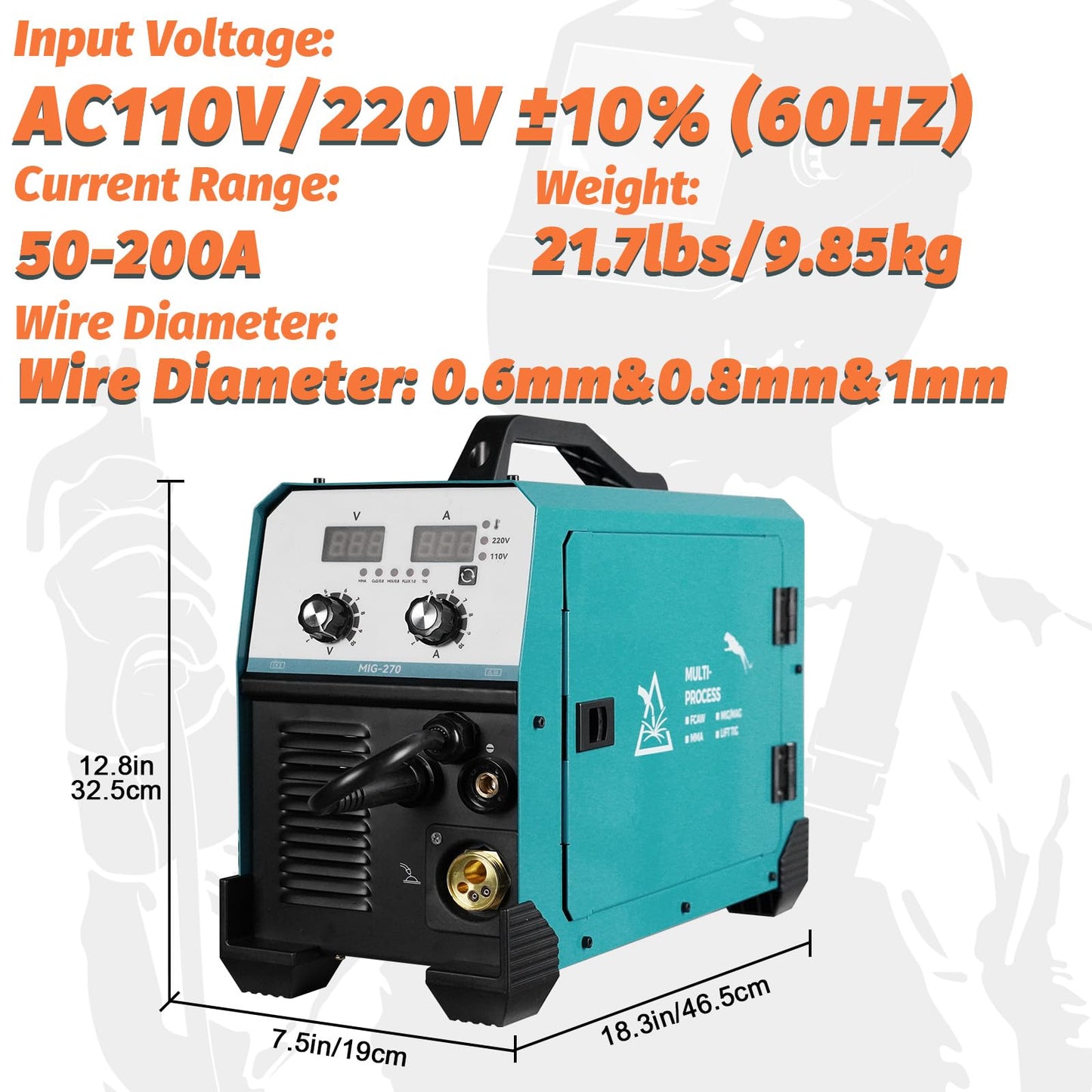 270Amp MIG Welder, 220V Flux Core,Gas, IGBT Inverter, Torch and 2lb Solid Welding Wire, Digital MIG Welder/Lift TIG/Stick 3 in 1 Welding Machine for Steel Welding, Car Repair, Building Works