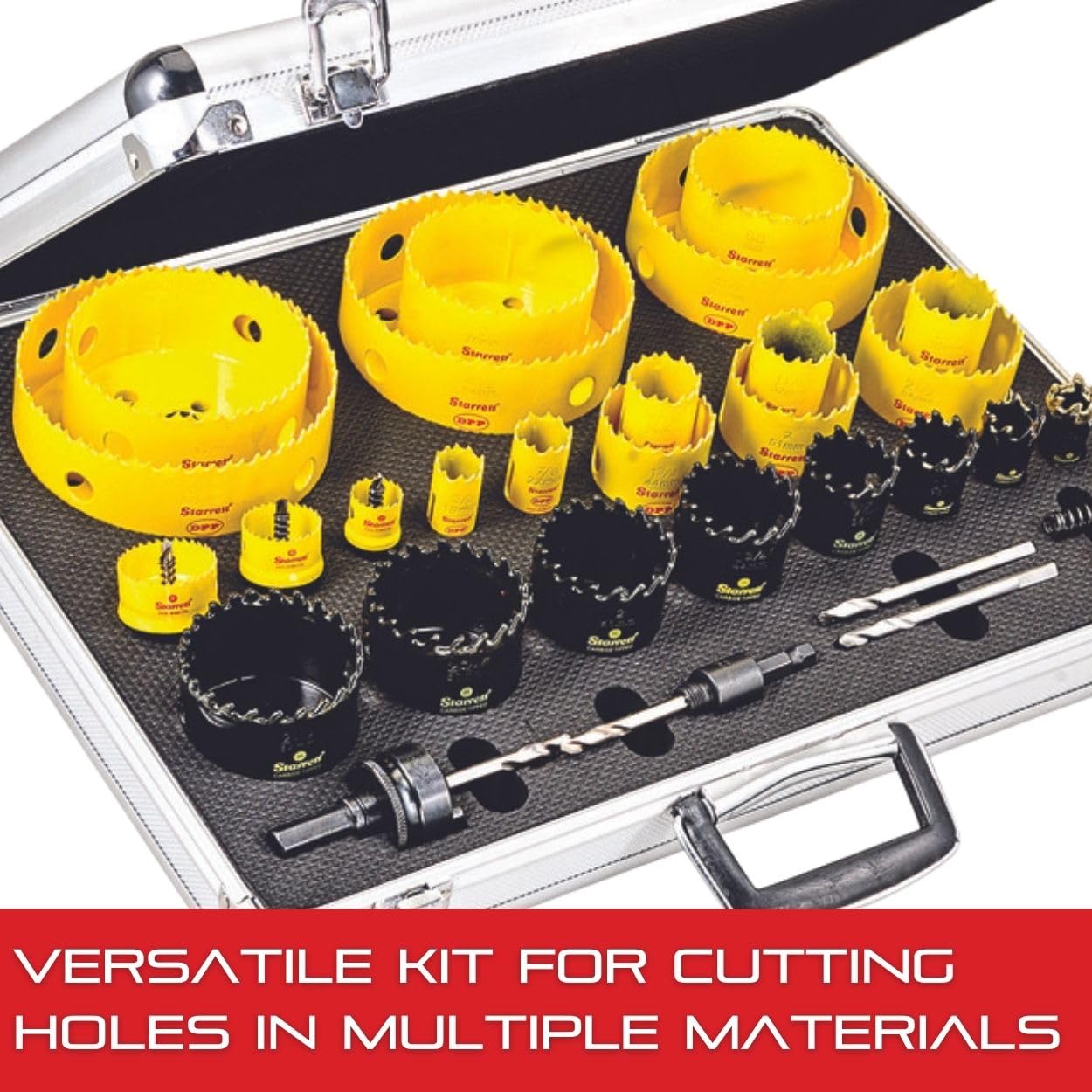 Starrett Smooth Cut Electricians Hole Saw Kit - 31 Piece Bi-Metal/Carbide Tipped/Cordless Smooth Cut Electricians Hole Saw Kit with Aluminum Case - KMX25061-N