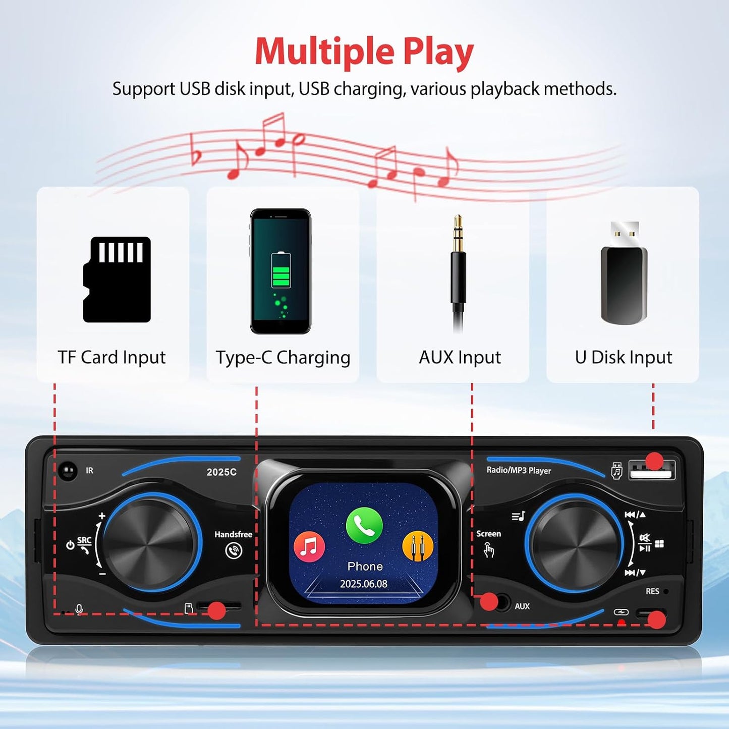 Motorsi 2.17" 12V MP3 Radio/MP3/SD/AUX-IN/USB/EQ/Quick Touch Screen Bluetooth Single Din Car Stereo Audio Player