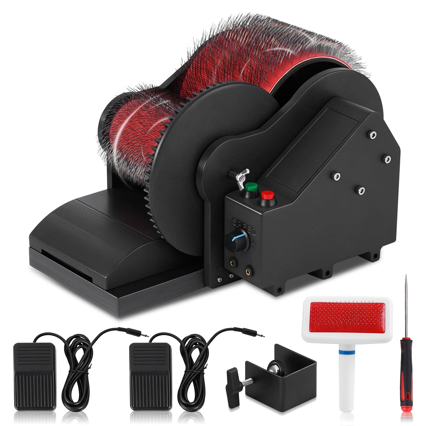 Consfly Electric Wool Drum Carder Wool Carding Machine w/Brush, Awl & 2 Foot Switches, 0-56 RPM Fiber Combing Machine for Blending Mixing