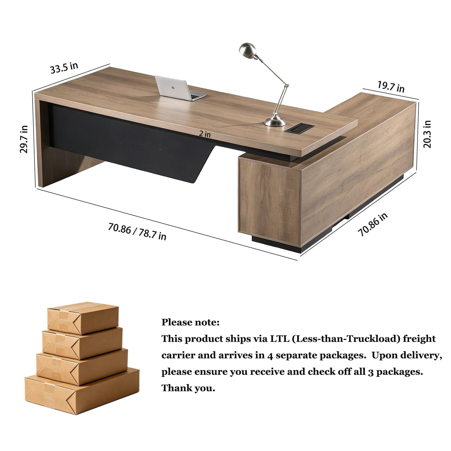 Retractable L-Shaped Executive Desk, Modern Office Desk with locking Drawers and File Cabinet, Large Computer Desk with Storage Shelves, Workstation for Home Office (Left Return, 70.86 - 78.7 IN)