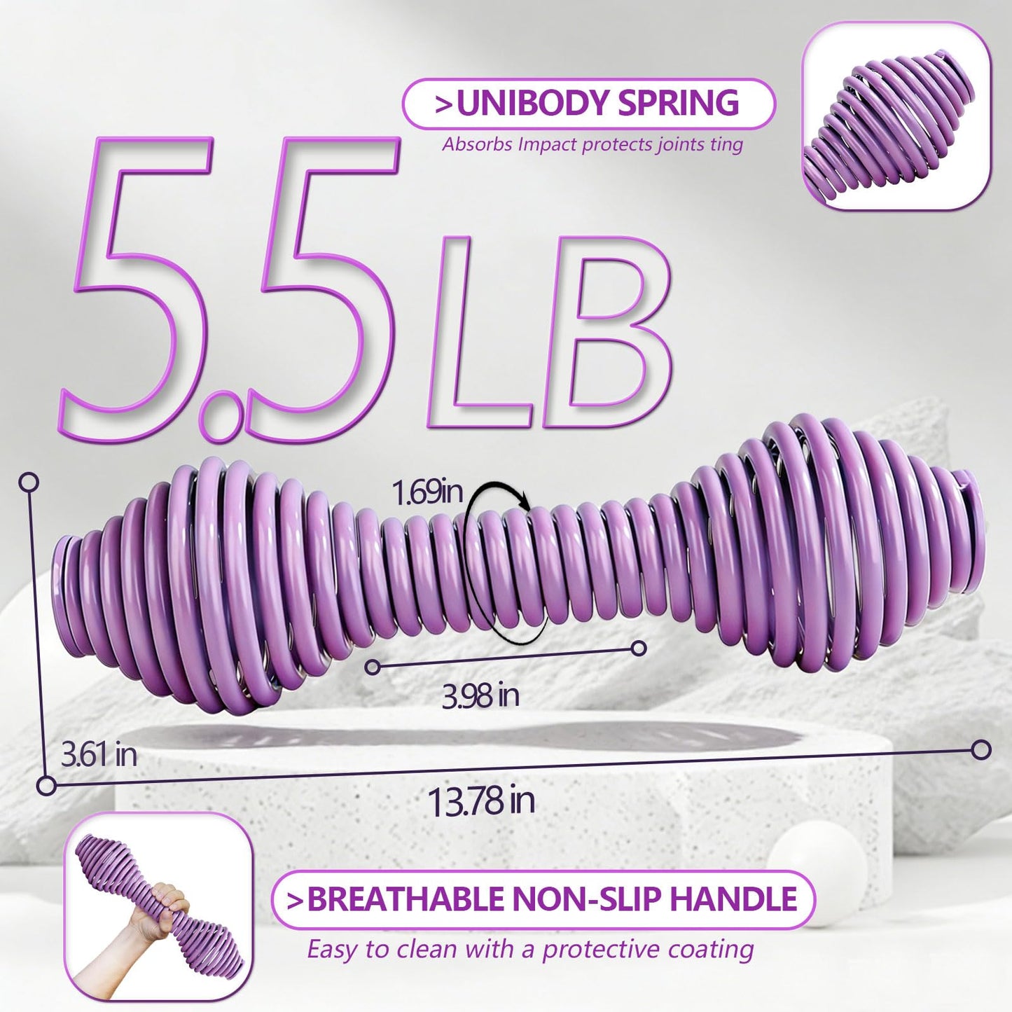 WITSPARKLLE Hand Weights Set of 2, 5.5 lb Dumbbells for Women, Solid Steel Core Spring Dumbbell Set, Non-Slip Free Weights for Pilates, Home Gym, Arm Workouts and Strength Training, Purple
