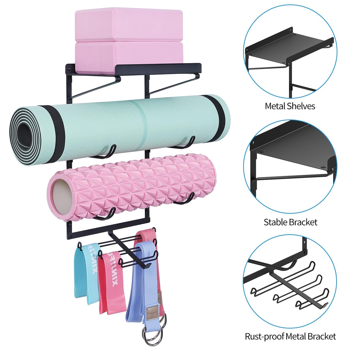 Yoga Mat Holder Wall Mount Yoga Mat Storage Rack Home Gym Accessories with 3 Sectional and 7 Hooks for Hanging Foam Roller and Resistance Bands at Fitness Class or Home Gym