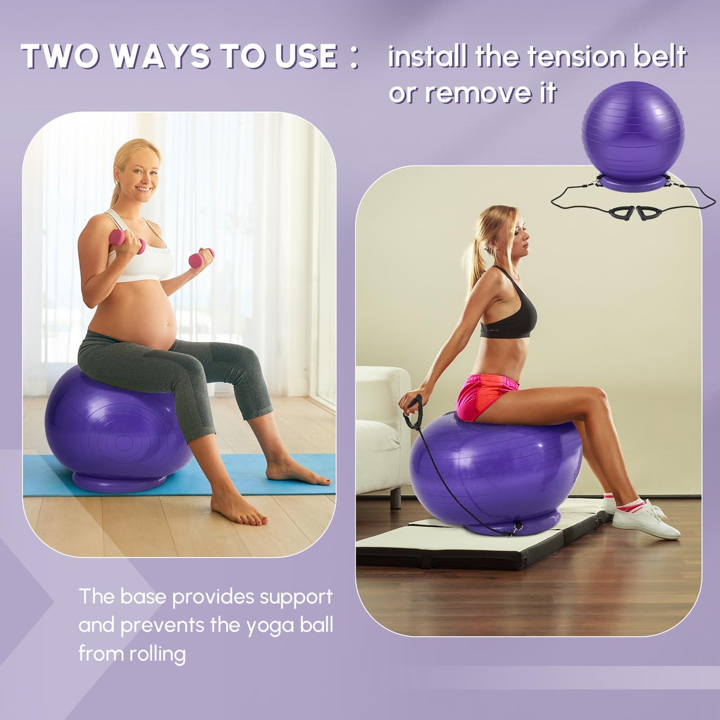 Blueweenly Yoga Ball Chair with Inflatable Stability Base Resistance Bands 65 cm Stability Ball Large Exercise Ball for Home Workout Office Desk Sitting Gym Fitness Back Pain Balance, Include Air Pump