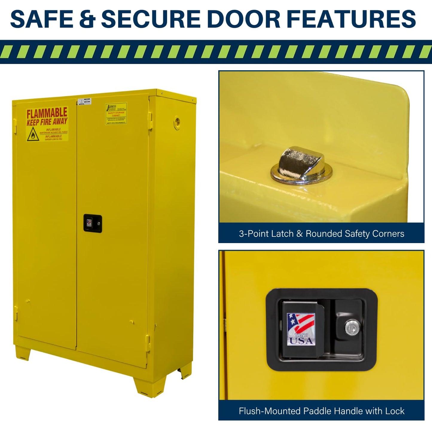 Jamco 45 Gallon Flammable Safety Cabinet, Steel Flammable Storage Cabinet with Lockable Manual Closing Doors, Forkliftable, 43" x 18" x 70", Yellow