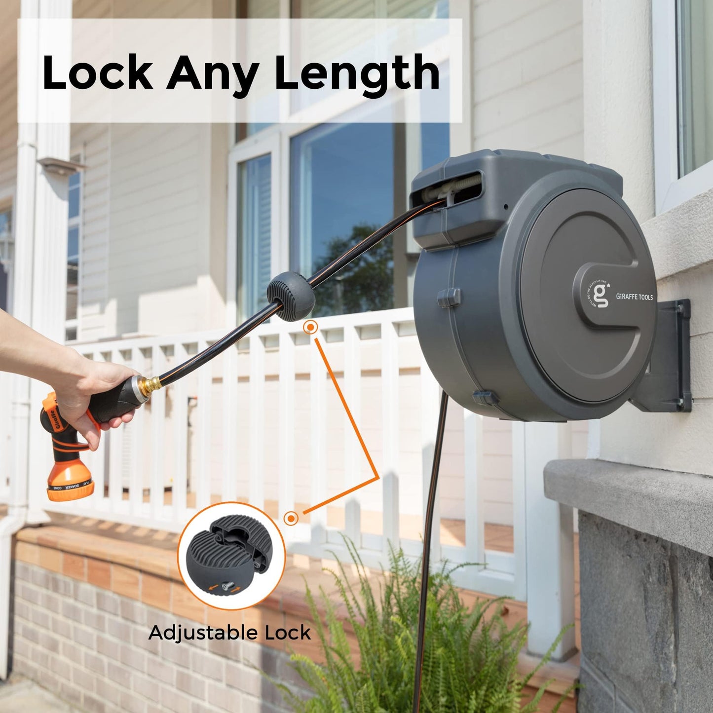 Giraffe Tools Hose Reel 1/2‘’ 78 ft, Heavy Duty Retractable Garden Hose Reel with Any Length Lock, Slow Return System, Wall Mounted and 180 Deg Swivel Bracket