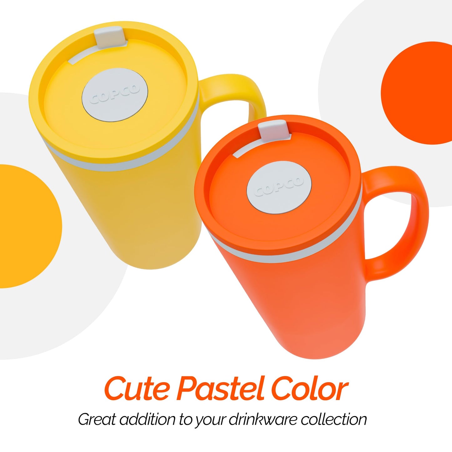 Copco Cone Desk Mug, 16 oz (Set of 2) - Double Wall Insulated Mugs with Handle, Reusable Tumbler Set with Twist-Off Spill Resistant Lid, BPA-Free, Microwave & Dishwasher Safe (Orange/Mustard)