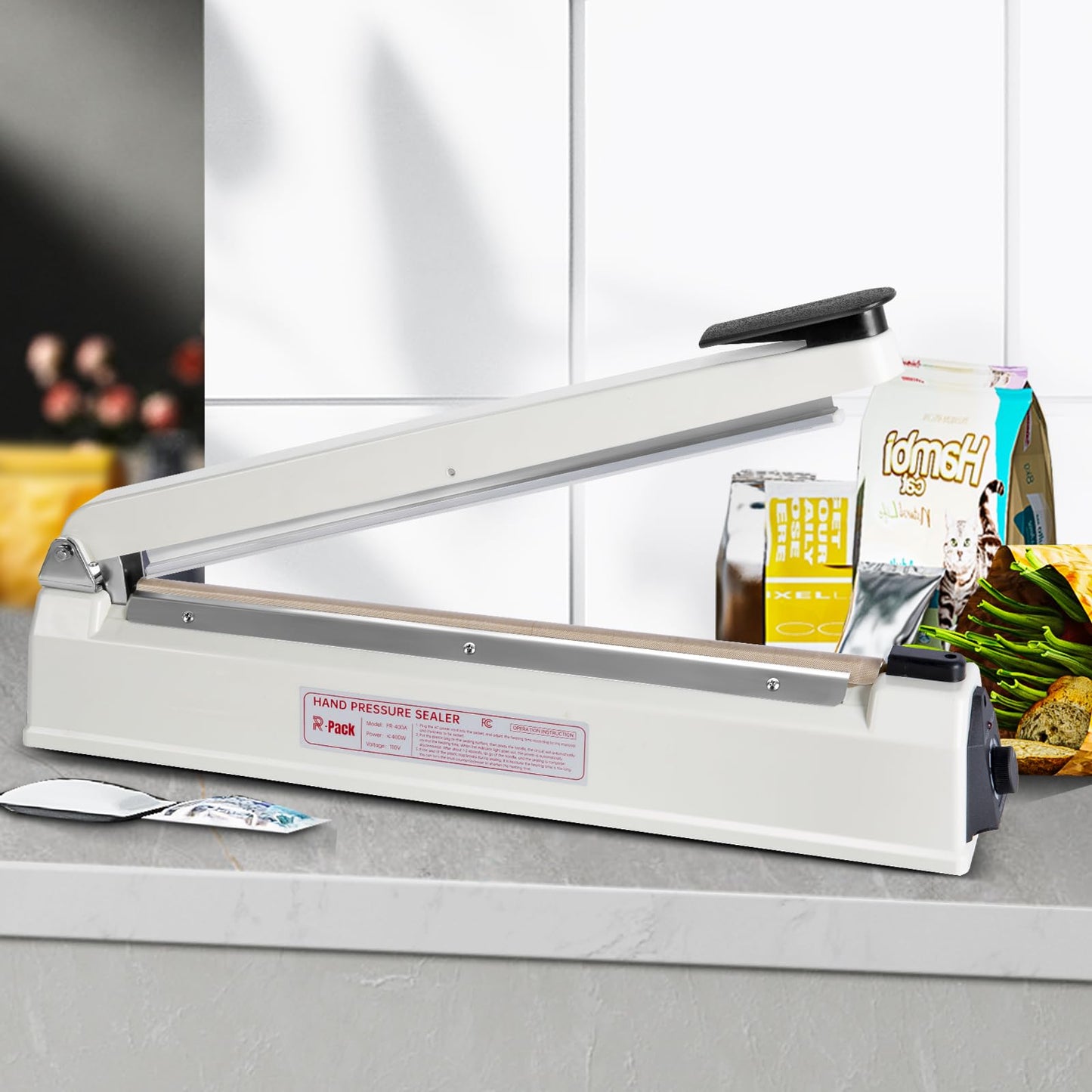 R-PACK Impulse Heat Sealer with Seal bar, Heavy-Duty Bag Sealing & Cutting Machine, 2 Extra Replacements (white, 16inch)
