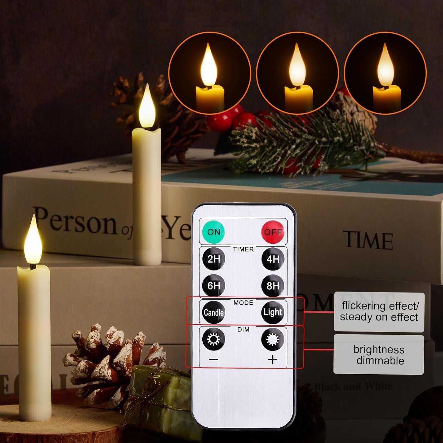 Skiennix 12-Pcs LED Taper Candles Set - Flameless Ivory Candles with 3D Wick & Remote Timer | Warm White Light